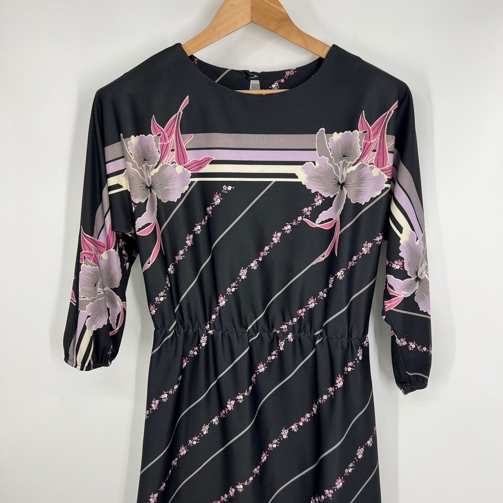 Vintage Avon Fashions Black Floral Midi Dress 7/8 Pink Purple Stripe 8498 - Picture 4 of 10